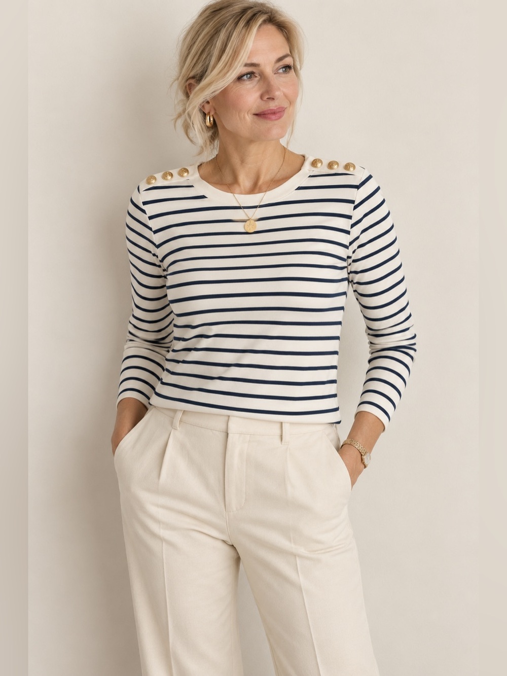 J.Crew Navy Cream Striped Long Sleeve Top Gold Button Shoulder Size M